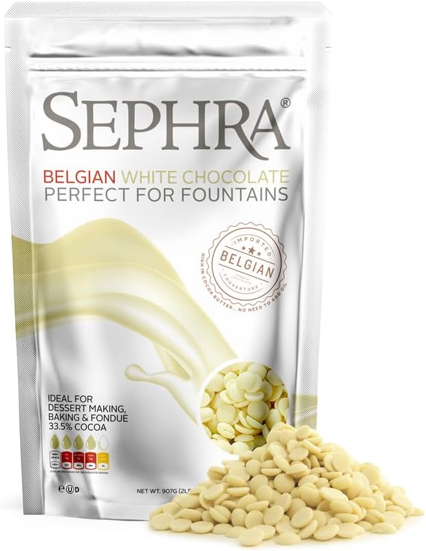 Sephra Belgian WHITE Fondue Chocolate - Fountain Ready Imported Belgian Chocolate for Melting - Organic Baking Chocolate - White Couverture Chocolate HALAL, Vegan & Gluten Free, 2lbs