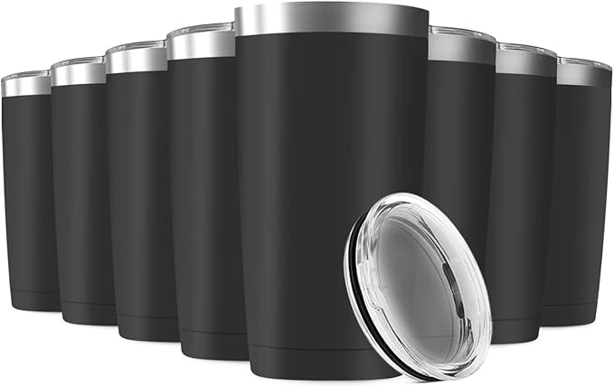8 Pack 20oz Tumbler Vacuum Insulated Travel Mug with Lids, Stainless Steel Double Wall Bulk Cup for Home, Office, Outdoor Suitable for Vehicle Cup Holders(Black)