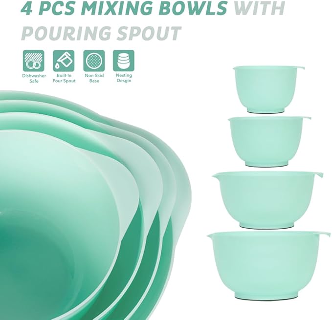 BoxedHome Nesting Plastic Mixing Bowl Set, 4 Piece Mixing Bowl Set with Pour Spouts, Size 1.7, 2.5, 3.5 and 4.5qt, for Prepping, Mixing, Baking, Cooking(2023 New Version, Green)