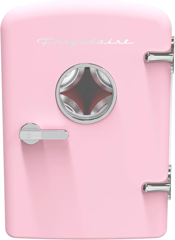 Frigidaire Retro 9-Can Mini Personal Fridge Portable Cooler for Car, Office, Bedroom, Dorm Room, or Cabin, 11.8" D x 7.1" W x 10.1" H, PINK