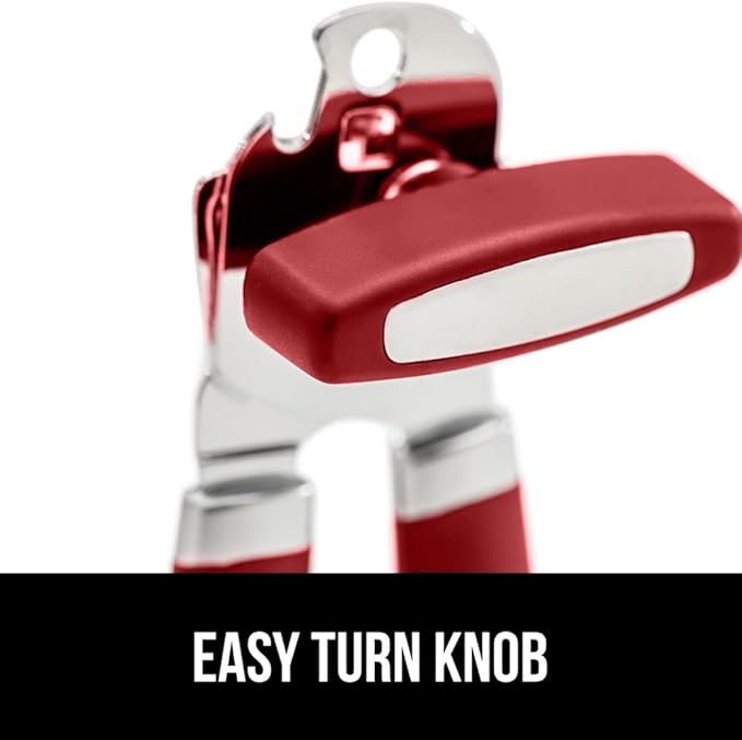 GORILLA GRIP Heavy Duty Stainless Steel Smooth Edge Manual Can Opener and Bottle Openers, Soft Comfortable Handle, Oversized Handheld Turn Knob, US Designed Multifunctional Kitchen Tool, Red