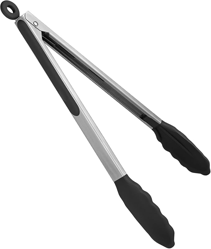 Heat Resistant Silicone Kitchen Tong: U-Taste 12 inch Large 480ºF Hot Proof Cooking Tong with Sturdy Non Stick Rubber Tips & Silicon Coated Steel Handle & Smooth Locking for Serving Grill Salad(Black)