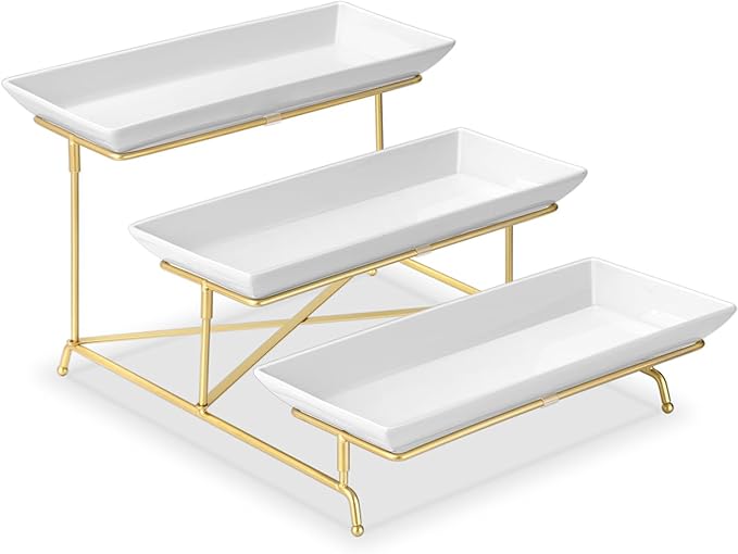 Yedio 3 Tier Serving Tray Set 14 Inch Porcelain Tiered Serving Platters, Collapsible Sturdier Stand with Stable Cross Bars, Three Layer Serving for Party Entertaining Food Display Fruit Dessert