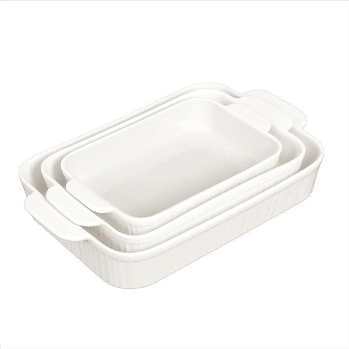 Glad Baking Dish Set, 3pc - Rectangular Stoneware Casserole Dishes for Oven and Microwave - Nesting Bakeware Set with Handles (12'', 10.5'', and 8.5''), Dishwasher Safe