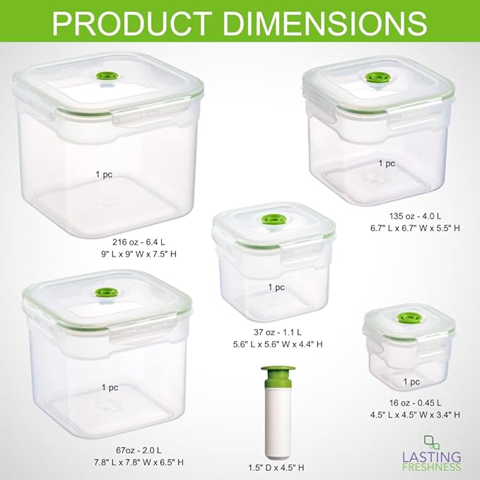 Lasting Freshness 11 piece Vacuum Seal Food Storage Containers with Vacuum Pump, Airtight and Leak Proof, Vacuum Sealed Food Storage Containers, Meal Prep Containers, Keep Food Fresh up to 5 X Longer