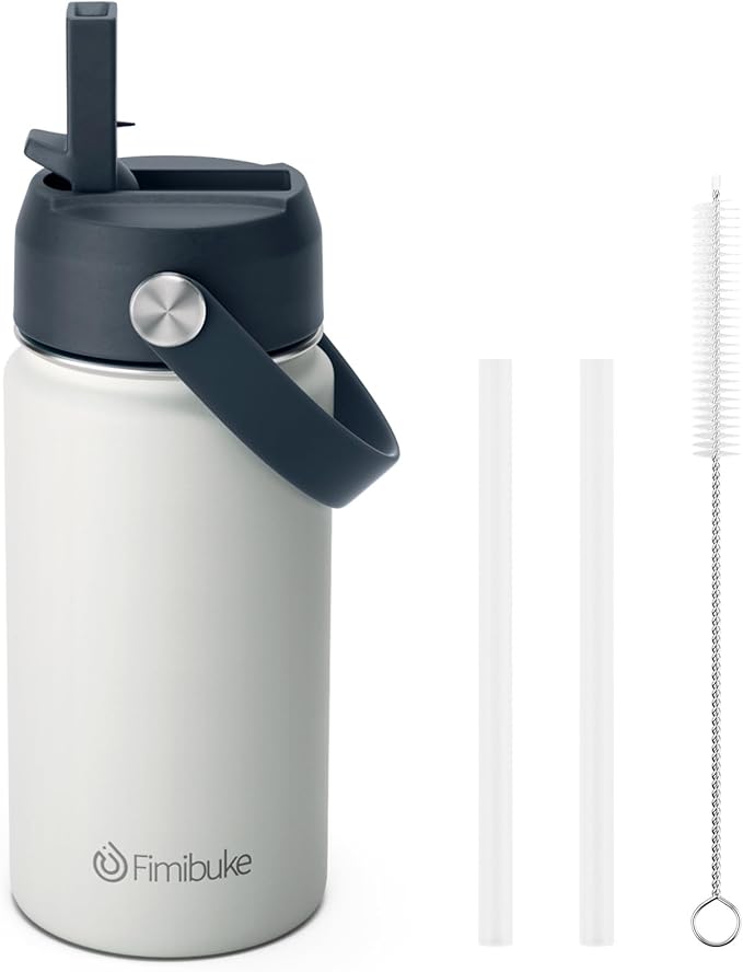 Fimibuke Kids Insulated Water Bottle, 14oz BPA FREE 18/8 Stainless Steel Travel Tumbler Double Wall Vacuum Leak Proof Kids Cup with Straw Metal Water Bottle for School Boys Girls(1 Pack, Harbor Grey)