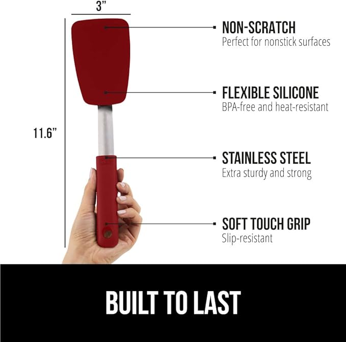GORILLA GRIP Patented BPA-Free Non-Scratch Spatula, 2 Pack, Heat Resistant Flexible Silicone Head for Nonstick Cooking Pans, Soft Rubber Handle, Kitchen Spatulas for Flipping Eggs, Pancakes, Red