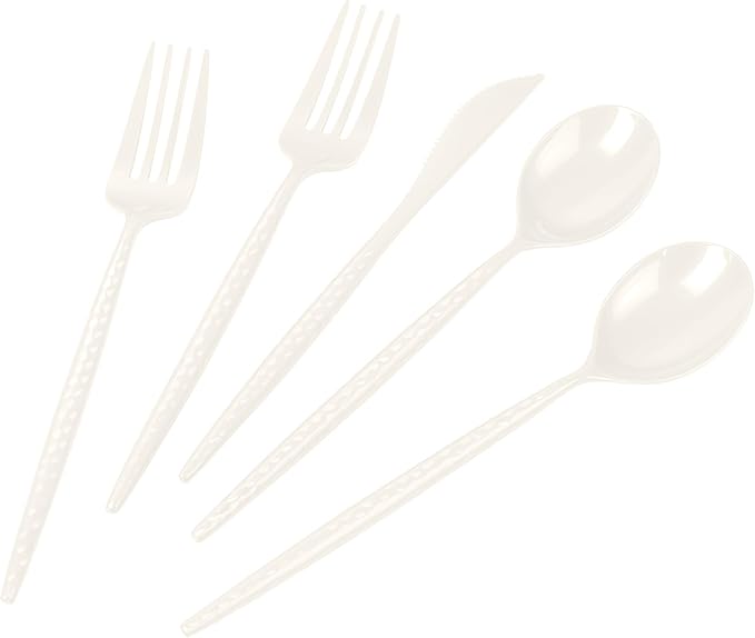 LIYH 150 Pcs Ivory Plastic Cutlery Sets - Ivory Plastic Silverware Heavyduty, Disposable Utensil Sets, 50 of Each Forks, Knives & Spoons Flatware Set for Party Birthday