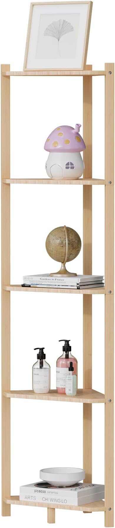 Wisuce Corner Shelf, 100% Real Bamboo Shower Corner Shelves Free Standing Shelf Storage Organizer for Bathroom Living Room Kitchen (Natural, 5 Tier)