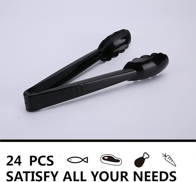 24 Pieces Plastic Salad Tongs, Black Kitchen Serving Tongs, 9 Inch Disposable Utensils Set, Heavy Duty Scalloped, Perfect for Buffets and BBQ, Food Safe Material