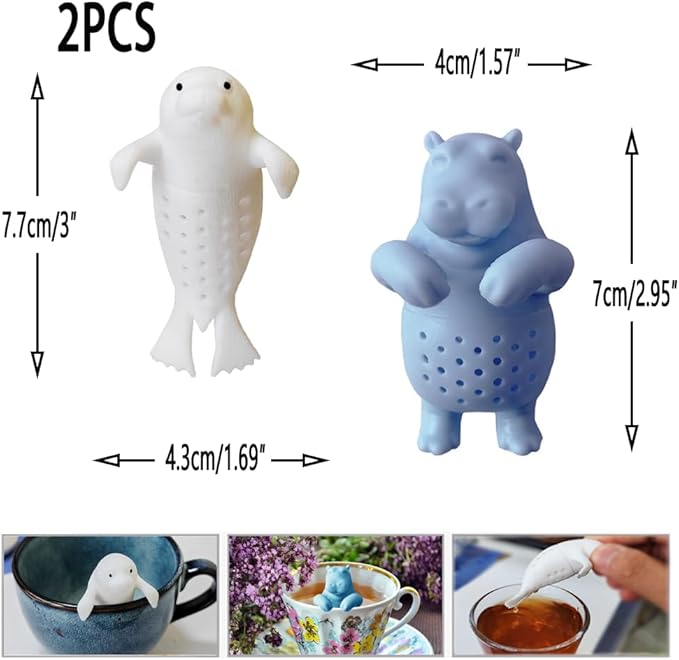 2 pcs silicone Tea Infuser,loose tea strainer,Cute tea infuser gift set for loose leaf tea, reusable tea infuser,is ideal gift for tea lovers (Seals + Hippos)