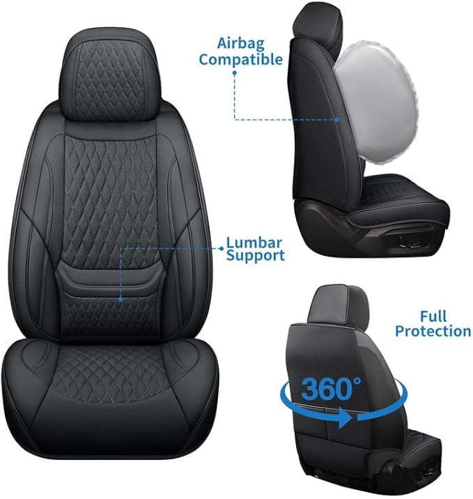 Front Seat Car Seat Covers Custom Fit for Chevrolet/Chevy Malibu 2000-2026 - Premium Faux Leather with Lumbar Support | Breathable, Waterproof, Anti-Slip, Durable (Black,Front Seat)
