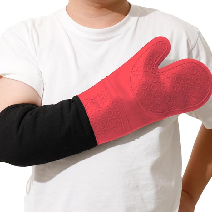 Extra Long High Temp Oven Mitts - 2pcs Commercial, Heavy Duty Non-Slip Grip Mitts - Silicone Heat Resistant Up to 500 Degrees, Ideal for Cooking, Baking & Frying, Red