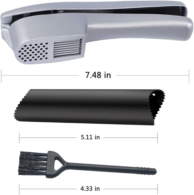 Garlic Press 2-in-1 Mincer, Crusher and Slicer with Peeler & Brush – Rustproof, Dishwasher Safe, Ergonomic Handle for Easy Squeeze and Cleaning