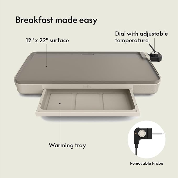 bella 12" x 22" Electric Griddle with Warming Tray, EverGood™ Ceramic Nonstick Coating & Removable Temperature Probe, Dishwasher-Safe Drip Tray & Cool Touch Handles, 1500 Watt, Oatmilk