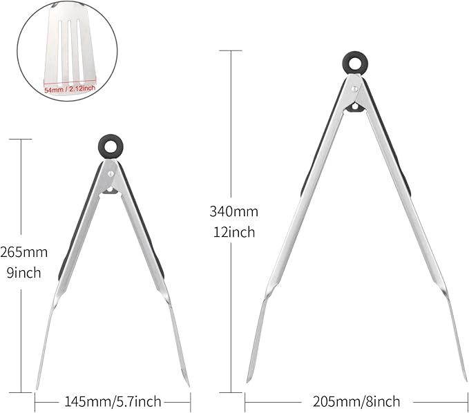 Metal Tongs for Cooking, Set of 2 Stainless Steel Spatula Tongs for Grilling, Cooking and Flipping, Strong Grip for Ribs, Steak and Fish, Comfortable Grip, Easy Pull Lock, 9 inch & 12 inch