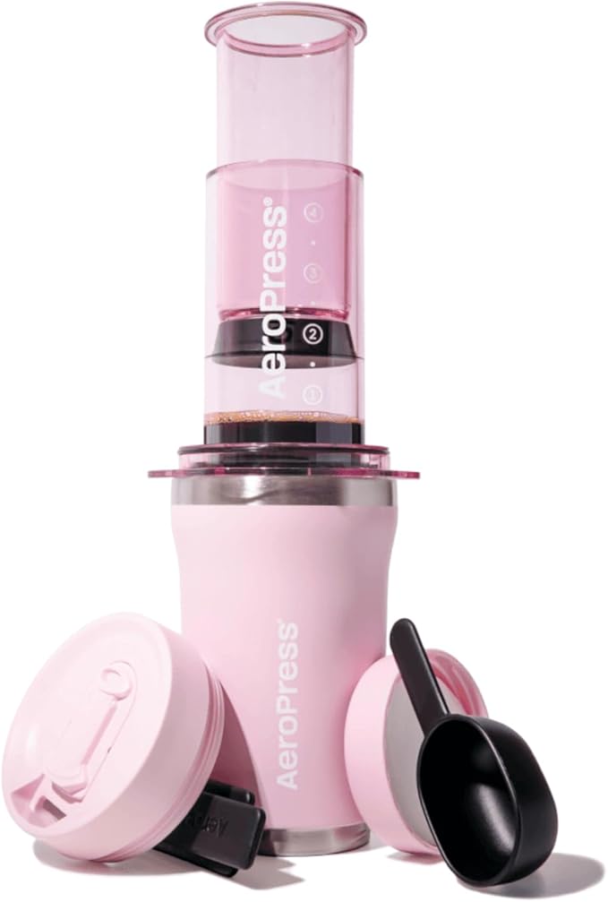 AeroPress Go Plus, Small Portable Coffee Maker Kit, Travel, Camping & Office, All-in-One French Press, Pour-Over & Espresso-Style Manual Brewer, 2 Min Brew for Less Bitterness, More Flavor, Pink
