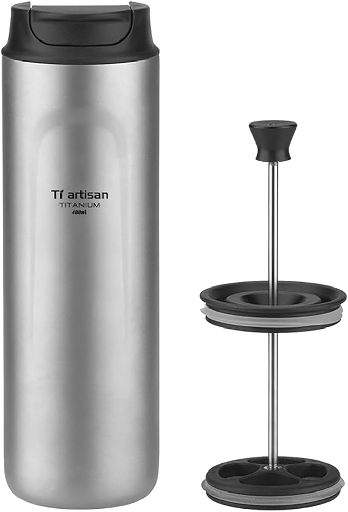 Titanium Water Bottle French Press Pot Milk Frother Coffee maker Coffee cups 16.23fl oz | Double Layer Thermal Insulation | Leakproof & Packable for Travel & Sports | (Grey)