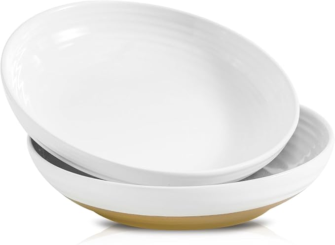 Hasense Ceramic Pasta Bowls, 32 Ounce Serving Bowls for Kitchen, 8.7 Inch White Bowls Set for Furit, Salad, Pasta - Shallow Soup Bowls Set of 2, Dishwasher & Microwave Safe