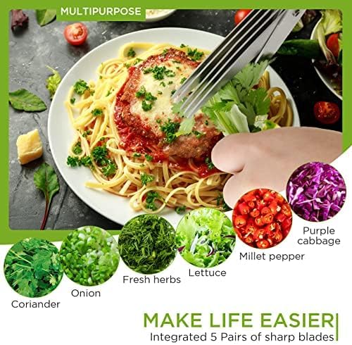 Herb Scissors SaladScissors, Upgrade HerbScissors with 5 Blades and Cover + 2 Brush, Kitchen SaladScissors with Herb Stripping, MultiScissors HerbCutter, Smart Cutter FoodScissors Chopper, Green