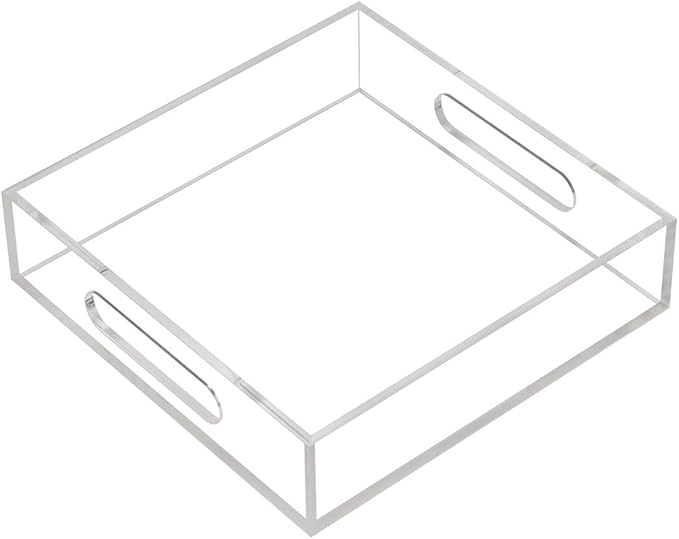 Clear Sturdy Acrylic Tray with Handles-8"x8"x2"H-Countertop Organizer Tray for Kitchen,Bathroom,Office- Storage Box for Cosmetics, Jewelry,Toiletries,Toy,Gadgets