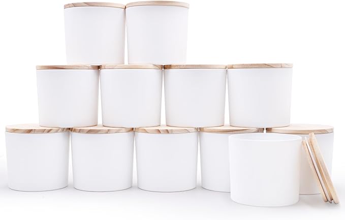 12 OZ Thick Candle Jars for Making Candles 12 Pcs, Empty Jars with Wood Lids for Spice Jars, Sample Container, Matte White