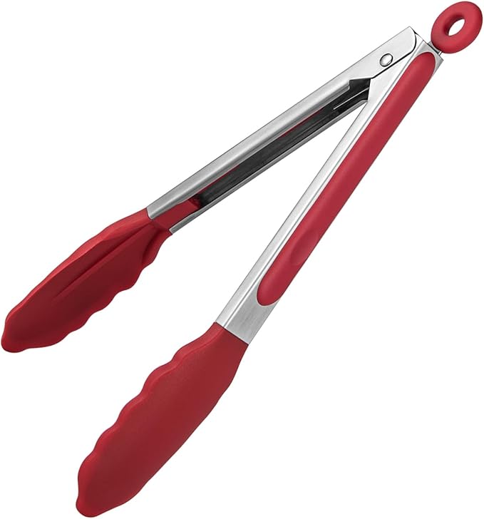 Heat Resistant Silicone Kitchen Tong: U-Taste 9 inch 480ºF Hot Proof Cooking Tong with Firm Sealed Non Stick Rubber Tips & Silicon Coated Steel Handle & Smooth Locking for Serving Grill Salad (Red)