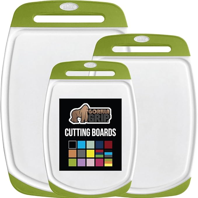 GORILLA GRIP BPA-Free Reversible Kitchen Cutting Board Set of 3, US Designed, Nonporous, Juice Grooves Catch Liquid, Slip Resistant Border, Dishwasher Safe, Durable Food Chopping Boards, Lime Green