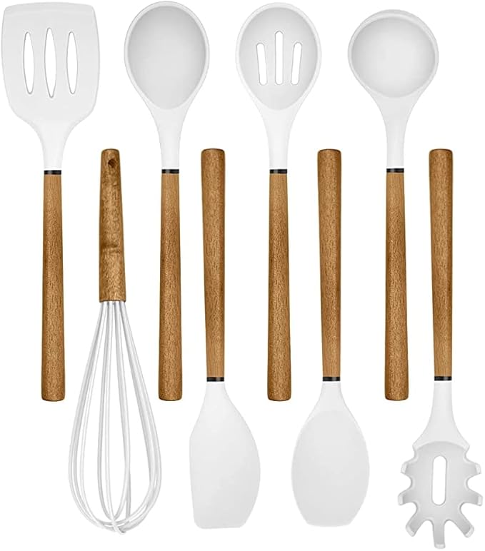 Country Kitchen Non Stick Silicone Utensil Set with Rounded Wood Handles for Cooking and Baking, 8 Piece Set, White