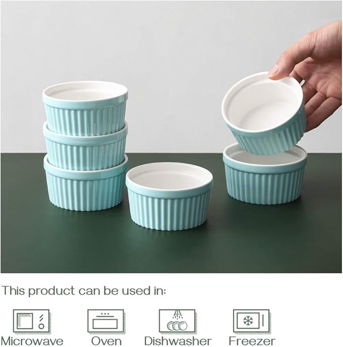 DOWAN 4 oz Ramekins - Ramekins for Creme Brulee Porcelain Ramekins Oven Safe, Classic Style Ramekins for Baking Souffle Ramekins Ramekins Bowls, Set of 6, Blue