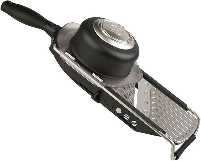 PL8 Professional Slicer - Adjustable 3-in-1 Slicing & Julienne Tool with Stainless Steel Slicing Ramp, Integrated Blades, Safety Hand Guard and soft-grip handle.