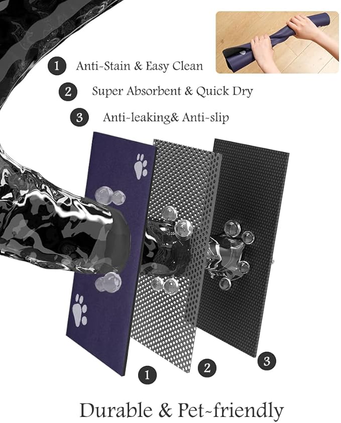 Pet Feeding Mat-Absorbent Dog Mat for Food and Water Bowl-No Stains Quick Dry Water Dispenser Mat-Dog Accessories Pet Supplies-Bowl for Messy Drinkers（Navy,16"x24"