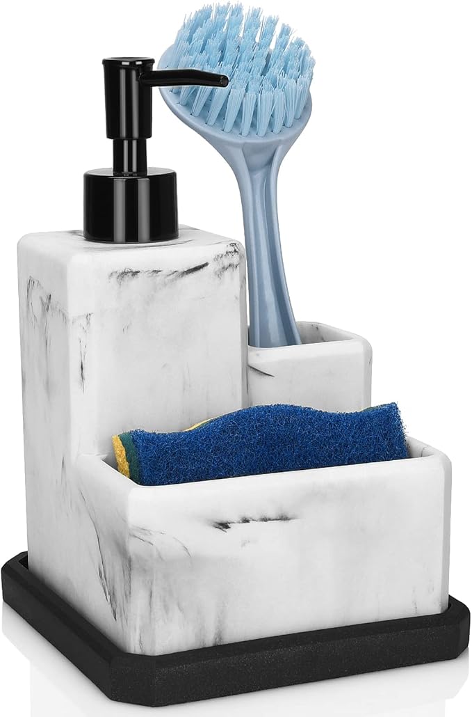 Soap Dispenser with Sponge Holder and Brush Holder,White Marble 3 in 1 Liquid Hand Dish Soap Dispenser and Sponge Holder Sink Caddy Organizer for Kitchen Bathroom,Removable Bottom Tray