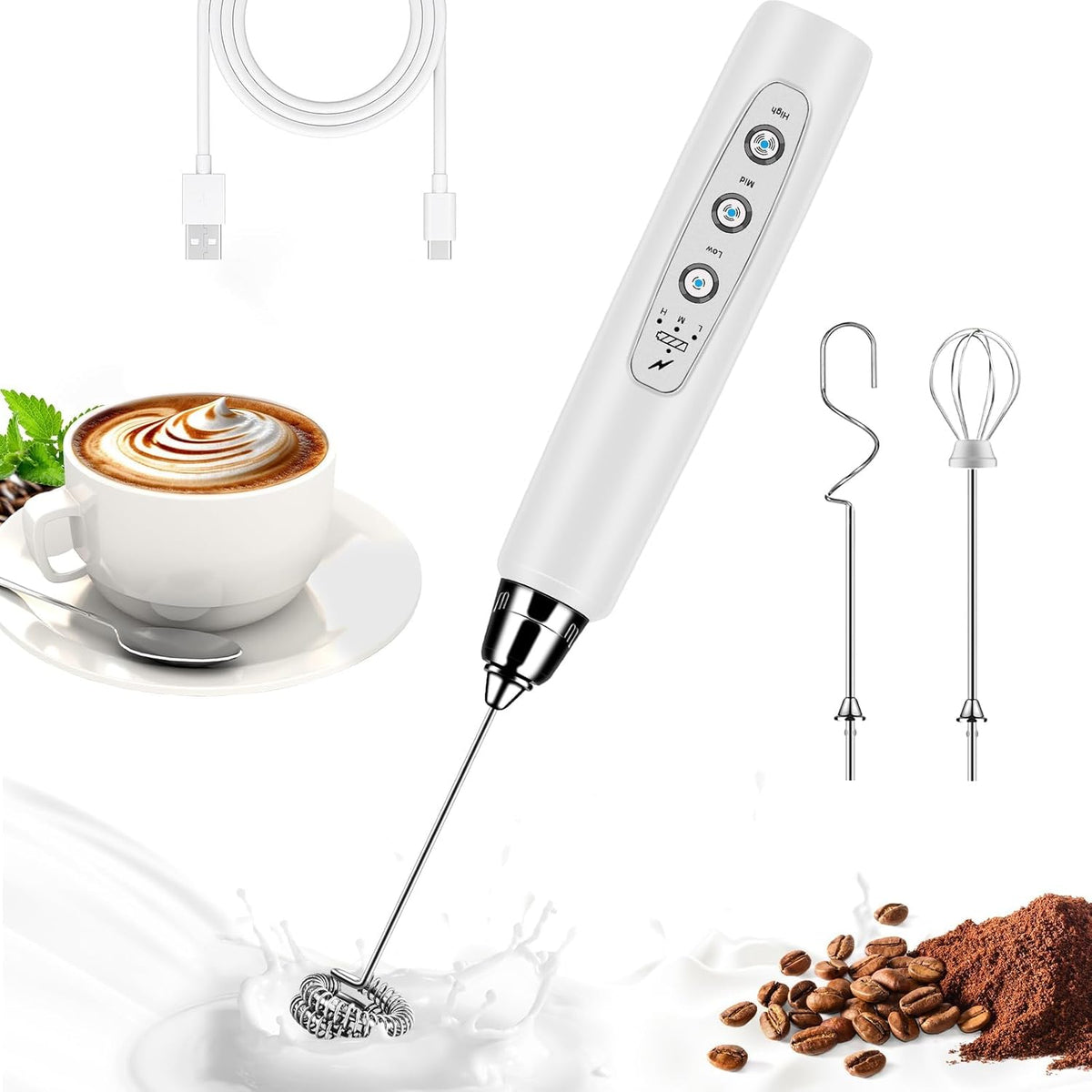 Milk Frother Handheld for Coffee, Electric Whisk 3 Speed Adjustable, Drink Mixer with Stainless 3 Whisks, Rechargeable Hand Frother Wand, Foam Maker for Latte Cappuccino Hot Chocolate Egg White