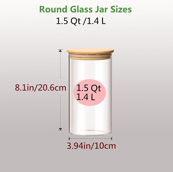 1.5 Qt Round Glass Storage Containers with Lids, Clear Food Storage Container Jar with Sealing Bamboo Lid for Noodles Flour Cereal Rice Sugar Tea Coffee Beans（Round-3Pack ）
