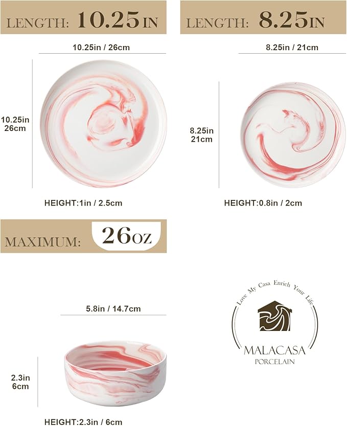 MALACASA Plates and Bowls Sets, 12 Pieces Porcelain Dinnerware Sets Dishware Sets Chip Resistant Ceramic Dish Set Dining Dinner Ware Service for 4, Marble Pink, Series LUNA