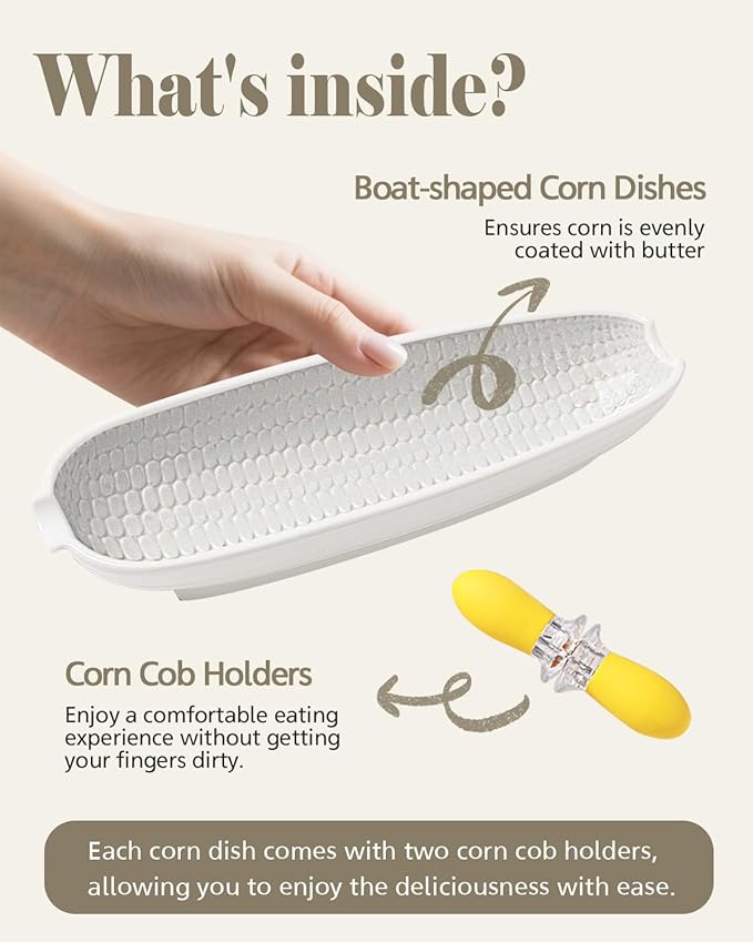 Ceramic Corn Cob Holders, 9" Corn on the Cob Dishes Set of 2, White Corn Cob Dishes with Non-Slip Bottom, With 4 Corn Cob Holders, Microwave Dishwasher Oven Safe