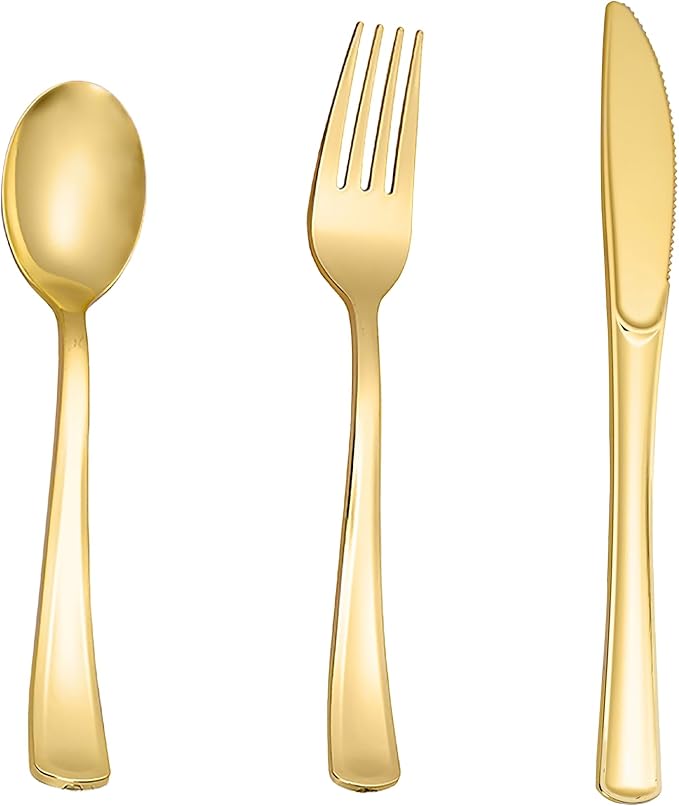 N9R 200PCS Gold Plastic Silverware Set, Heavy Duty Spoons and Forks Silver Plastic Cutlery Including 100pcs Forks, 50pcs Spoons, 50pcs Knives, Disposable Silverware for Party,Wedding, and Everyday Use