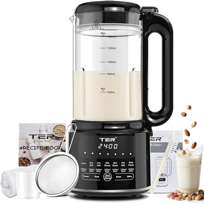 50OZ Nut Milk Maker Machine, TER 10-in-1 Soy Milk Maker for Almond/Oat/Soy Milk, Juice, Milkshake, Rice Paste, Auto Clean/24H Preset Time/12H Keep Warm, with 7 Accessories, Black