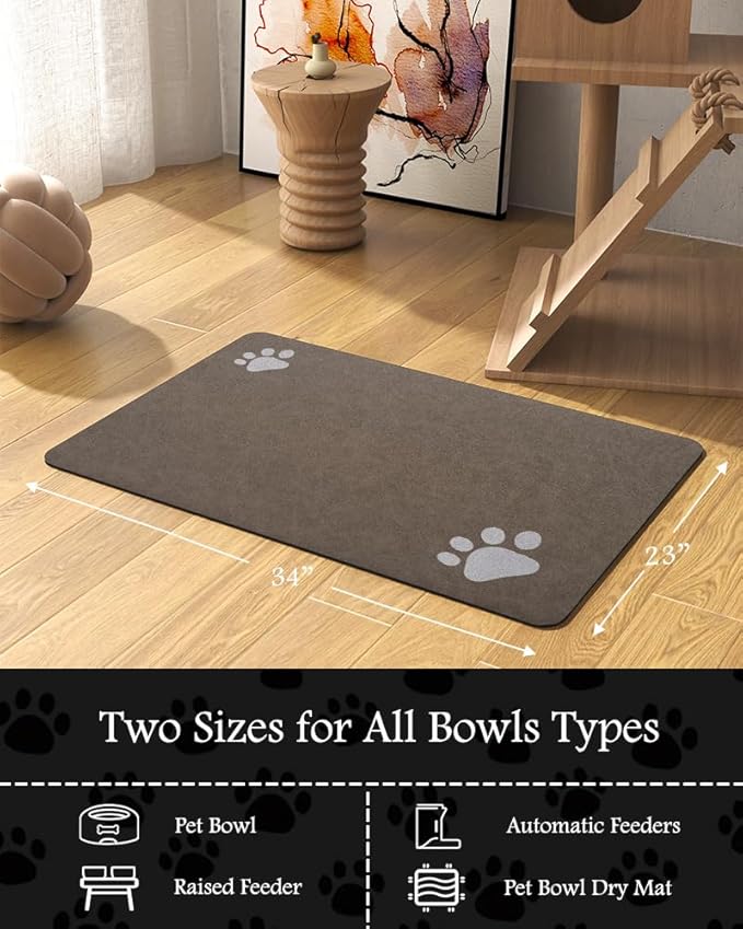 Pet Feeding Mat-Absorbent Dog Mat for Food and Water Bowl-No Stains Quick Dry Water Dispenser Mat-Dog Accessories Pet Supplies-Bowl for Messy Drinkers（Brown,23"x34"