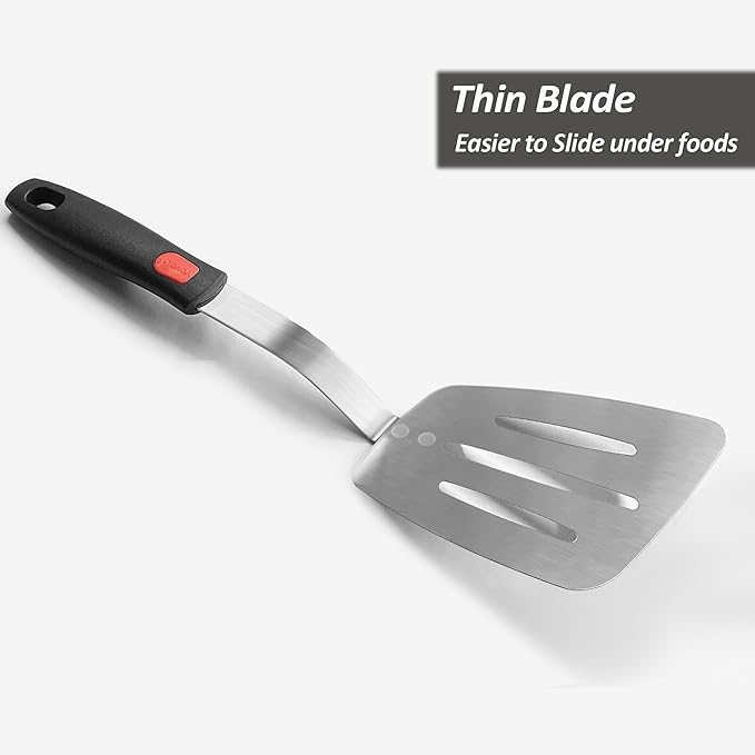 Stainless Steel Flexible Spatula Turner, Thin Slotted Metal Spatula for Cast Iron Skillet, Thin Blade and Heat Resistant Silicone Handle, Great for Egg, Cookie, Meat, Crep, Large