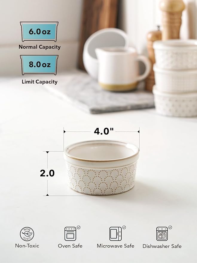 LE TAUCI Ramekins 6 oz, Ramiken for Creme Brulee, Lava Cake,Pudding, Souffle, Small Sauce Bowl,Ceramic Baking Dishes- 4 inch, Set of 4, Arctic White