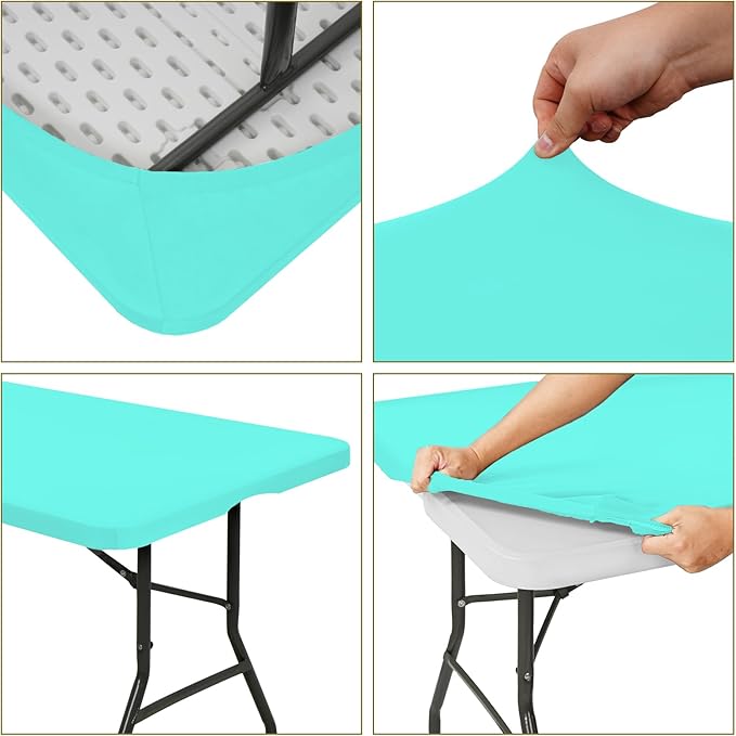 6 Pack Fitted Tablecloth for 8 Foot Rectangle Tables, Aqua Blue Elastic Outdoor Picnic Table Cover, Washable Stretch Folding Table Cloths 8 ft for Camping Party Patio Kitchen Banquet, 30" W x 96" L