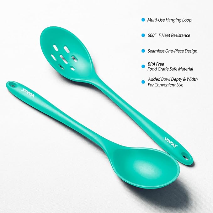 Silicone Spoons for Cooking - Extra Large Kitchen Spoons for Mixing, Serving, & Stirring - 600°F Heat-Resistant Non Stick Utensils Ladle & Skimmer- Dishwasher Safe, Teal