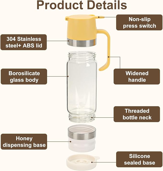 12 Oz Glass Honey Dispenser Pot with Silicone Base No Drip Honey Container Jar, Maple Syrup Dispenser with Handle for Pancake, Coffee or Tea Yellow