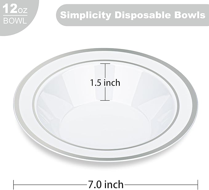 BESTVIP 100 Pack Plastic Disposable Soup Bowls, 12 oz White Dessert Bowls with Silver Rim, Heavy-duty Salad Bowl for Party, Wedding, Christmas, Thanksgiving, Dinner, Catering