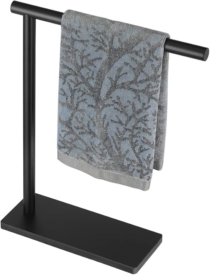 JQK Hand Towel Holder Stand Black, Modern Tree Rack Free Standing for Countertop with 12 Inch Bar, 304 Stainless Steel Matte Black Thicken 0.8mm, HTT170-PB