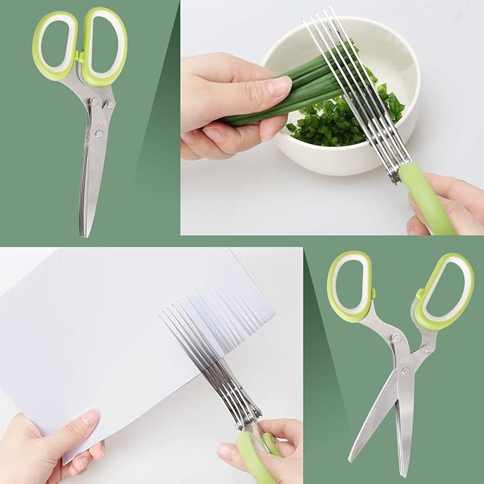 Herb Scissors Herb Stripper Set, Luxiv Stainless Steel Herb Cutter Tools 5-Blades Scissors with Herb Stripping Tool, Safe Cover, Cleaning Comb Multi-blade Herb Shears 2 IN 1 Herb Tools Kits (Green)
