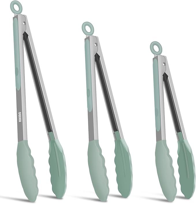 Kitchen Tongs, Set of 3 Stainless Steel Tongs with Silicone Tips Locking Cooking Tongs 600ºF Heat Resistant Tong for Cooking BBQ Grilling Air Fryer Serving Food Salads, 7"+9"+12" Light Green
