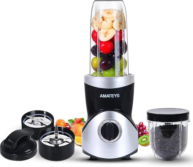Amateys Personal Blender for Shakes and Smoothies,Professional Kitchenblender with Blending & Grinding Blades, Portable Coffee Grinder with 24/10 OZ Travel Bottles, Adjustable Speeds Juice Blender